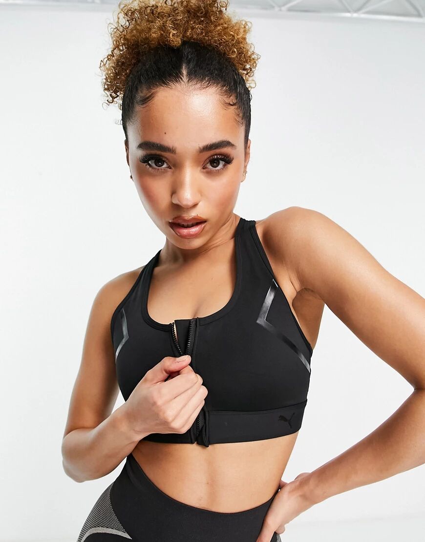 Puma Training high support zip front sports bra in black  Black