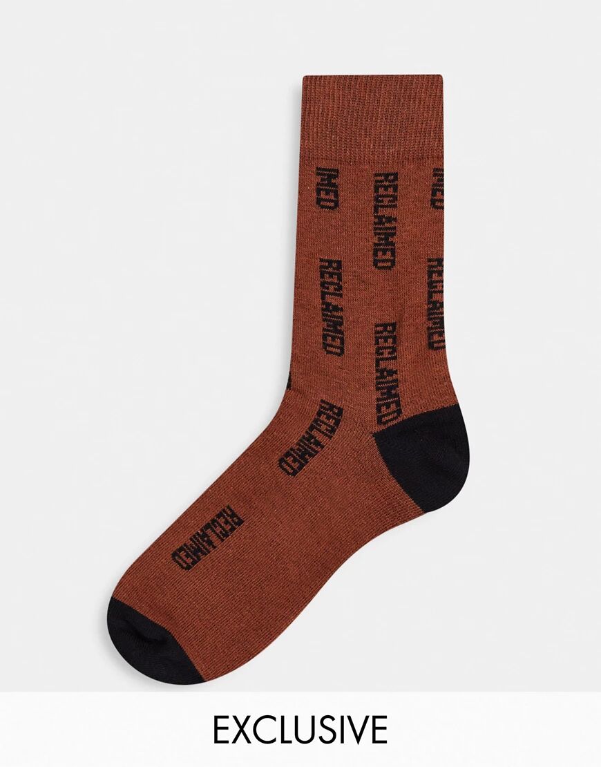 Reclaimed Vintage unisex sock in chocolate logo print-Brown  Brown