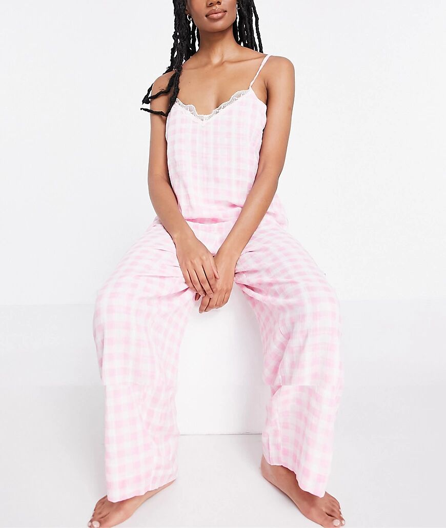 River Island gingham check pyjama cami and trouser set in pink  Pink