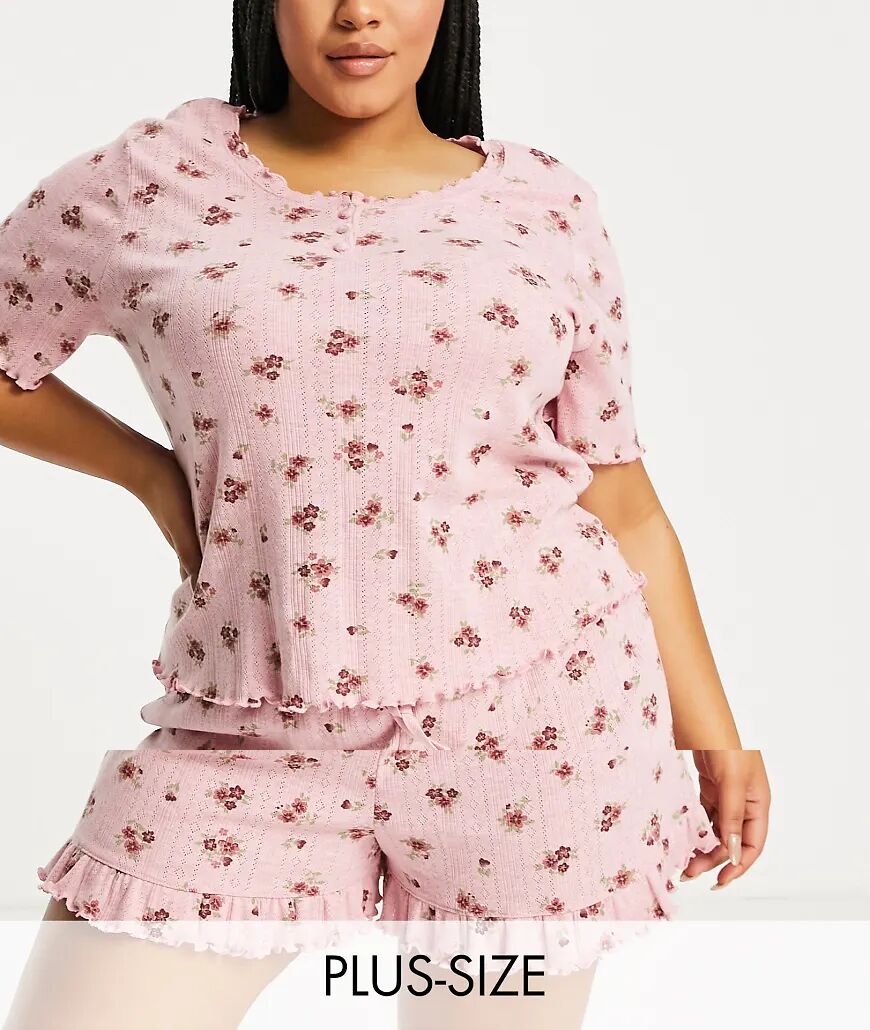 River Island Plus frill hem floral pyjama top and shorts set in pink  Pink