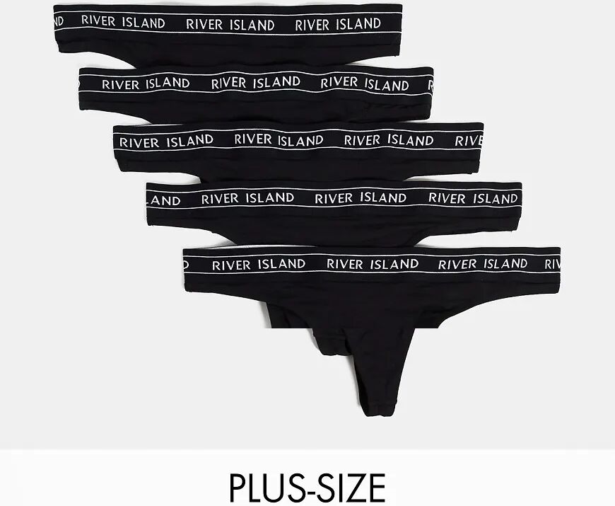 River Island Plus logo tapeband 5 pack of thongs in black  Black