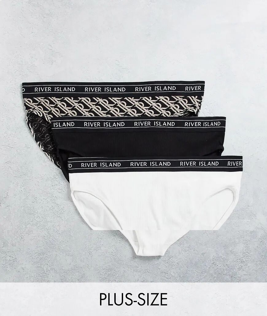 River Island Plus monogram sporty 3 pack of briefs in black  Black