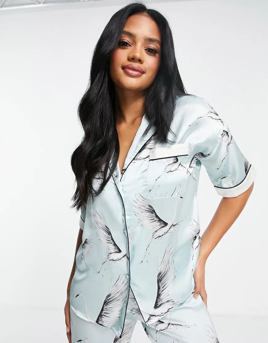 River Island satin bird print pyjama shirt co-ord in blue  Blue