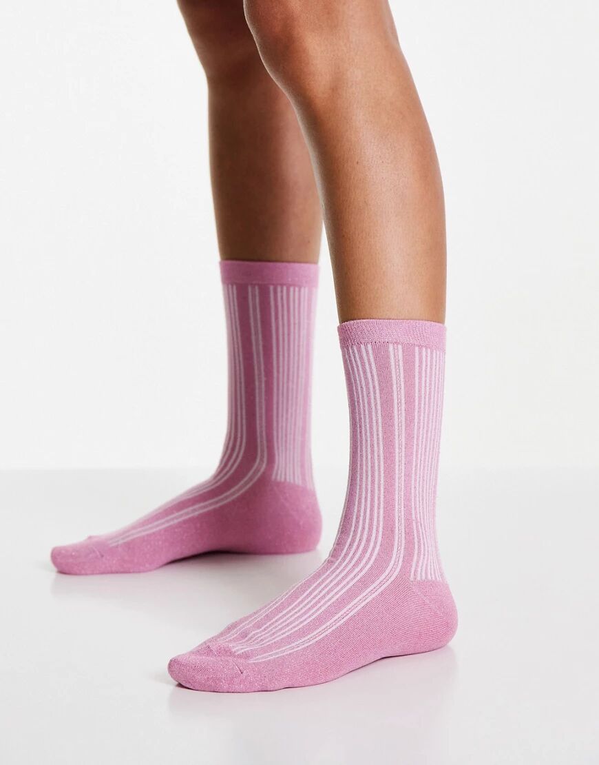 Selected Femme glitter socks in pink stripe  Pink
