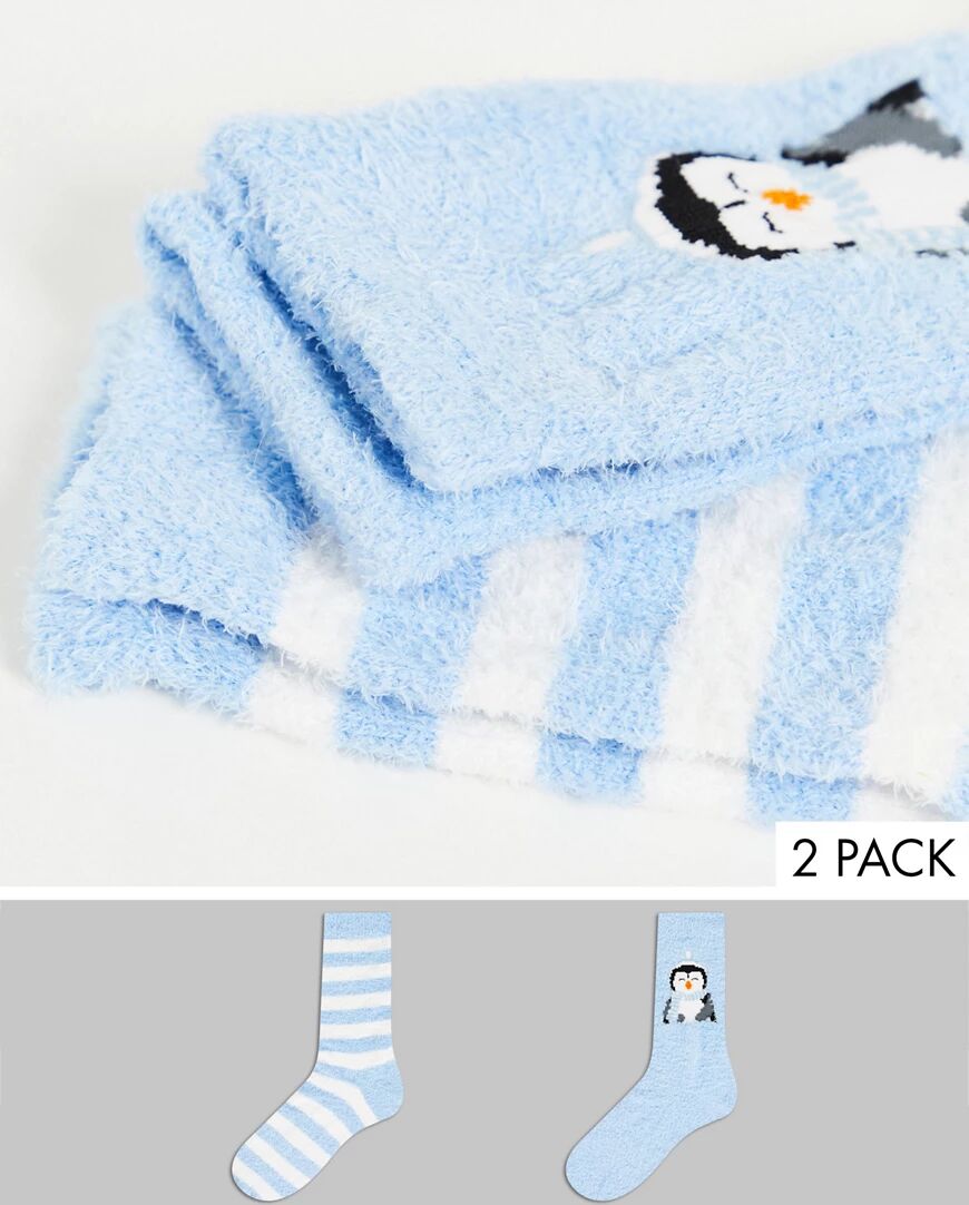 Threadbare 2 pack penguin cosy socks in blue  Blue