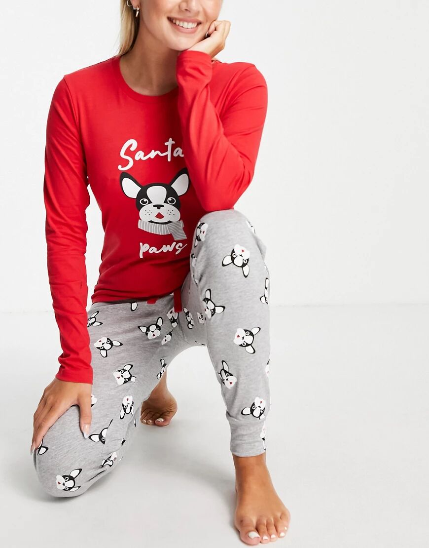 Threadbare christmas frenchie long pyjama set in red and grey  Red