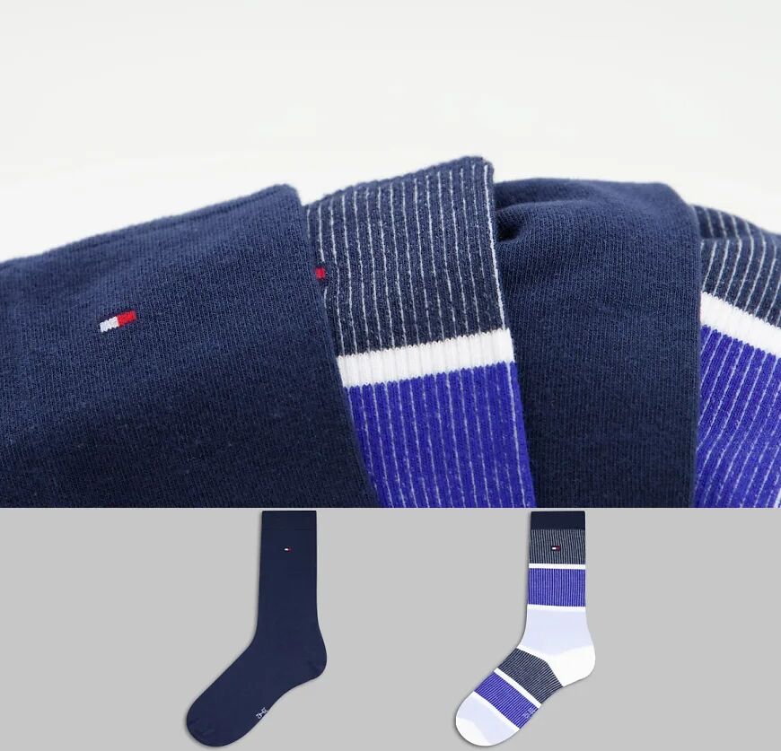 Tommy Hilfiger 2 pack stripe and plain socks in grey stripe and navy  Navy