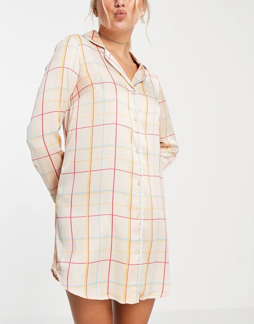 Vero Moda satin night shirt in blush check-Multi  Multi