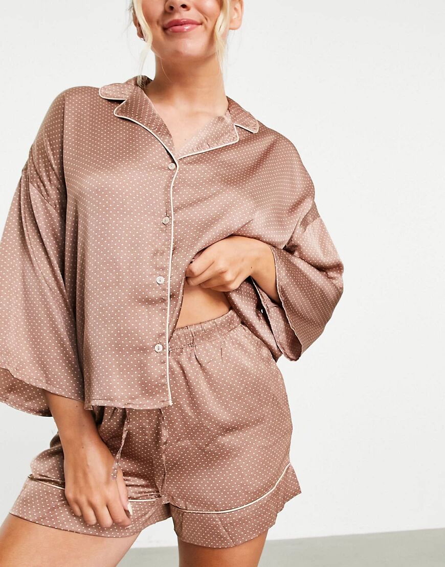 Vero Moda satin piped pyjama short set in mocha polka dot-Brown  Brown