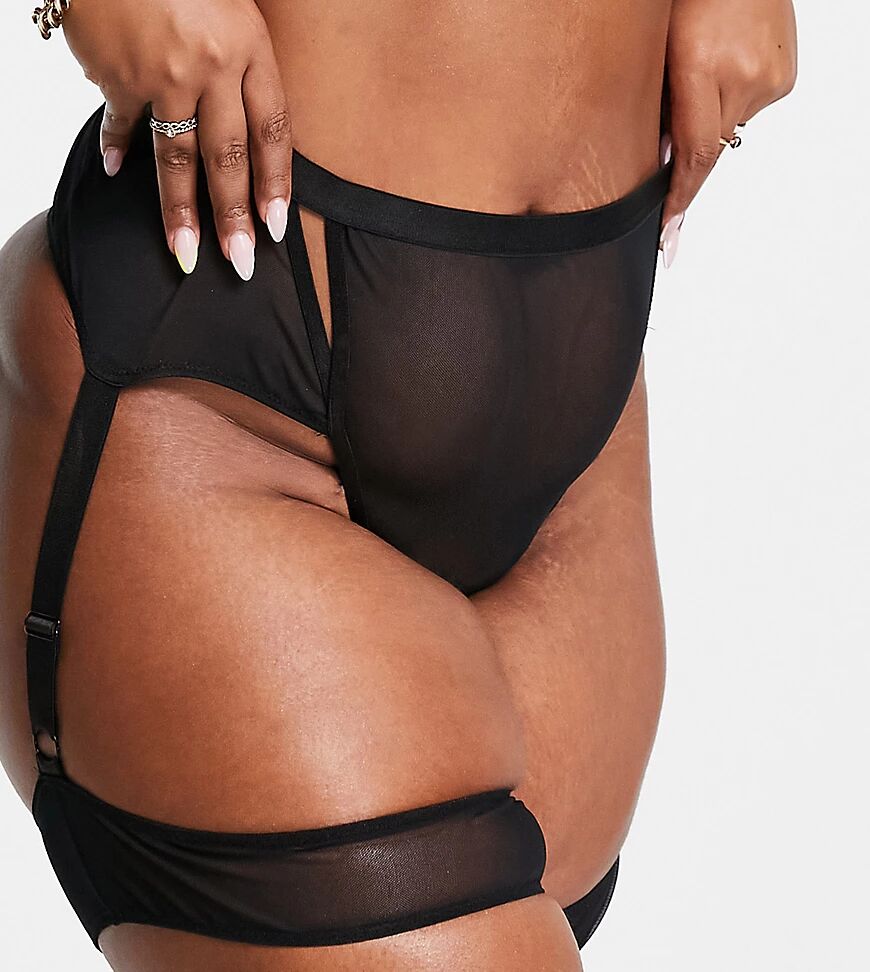 We Are We Wear Curve eco mesh leg harness detail high waist thong in black  Black