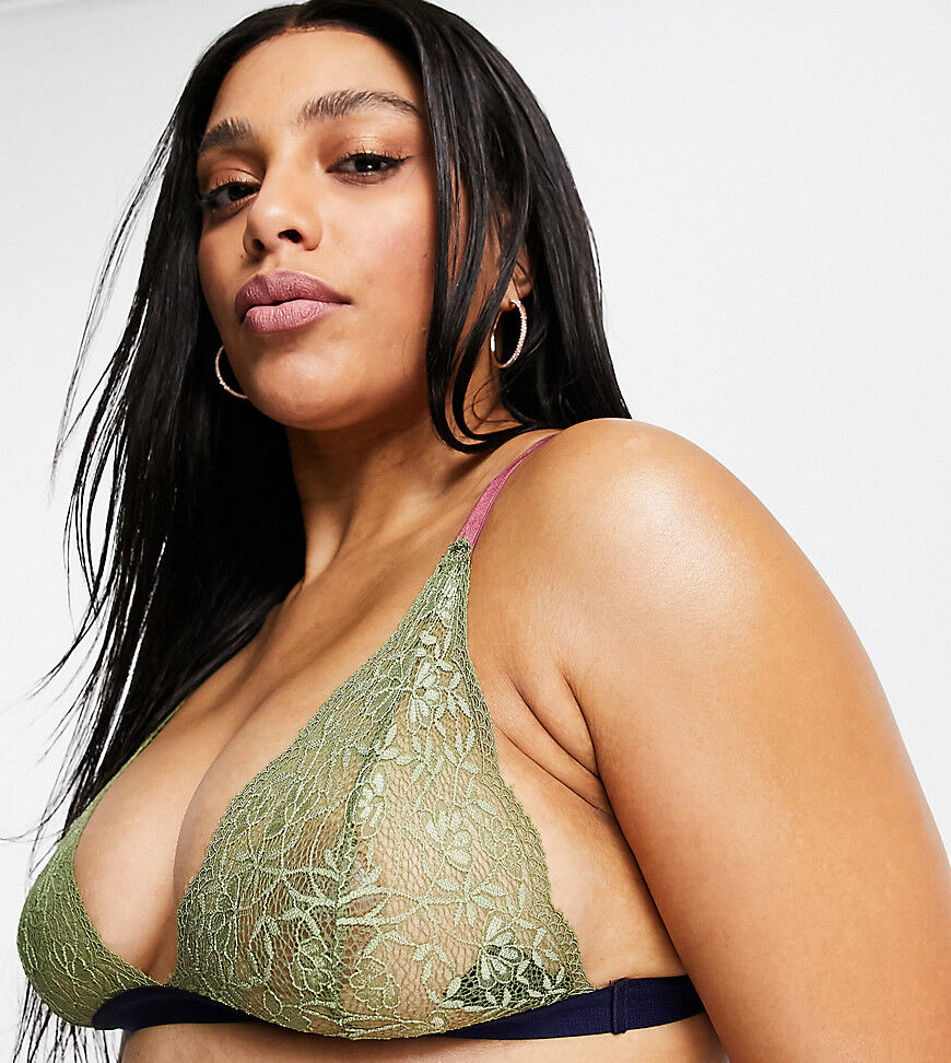 We Are We Wear Curve Evolve recycled lace cami strap traingle bralette in khaki and navy-Multi  Multi