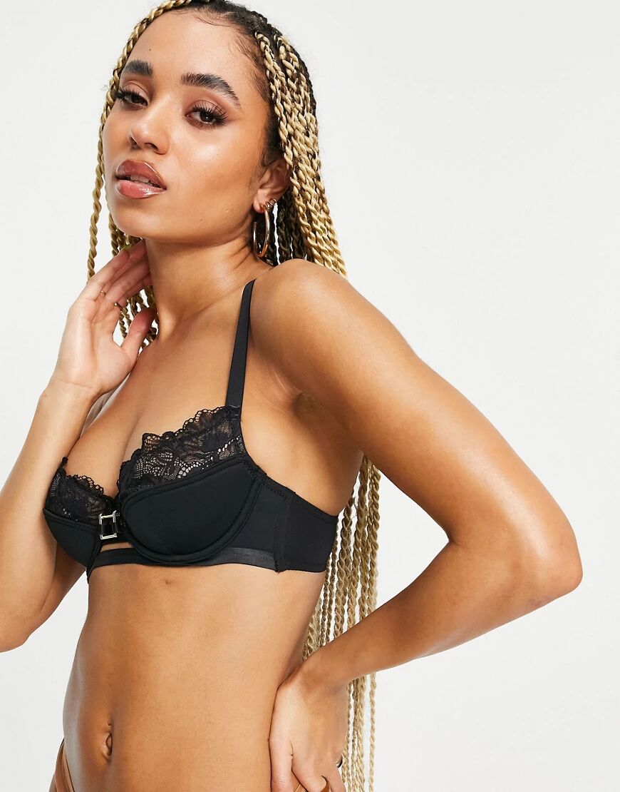 We Are We Wear eco microfibre lace trim plunge bra with logo detail in black  Black
