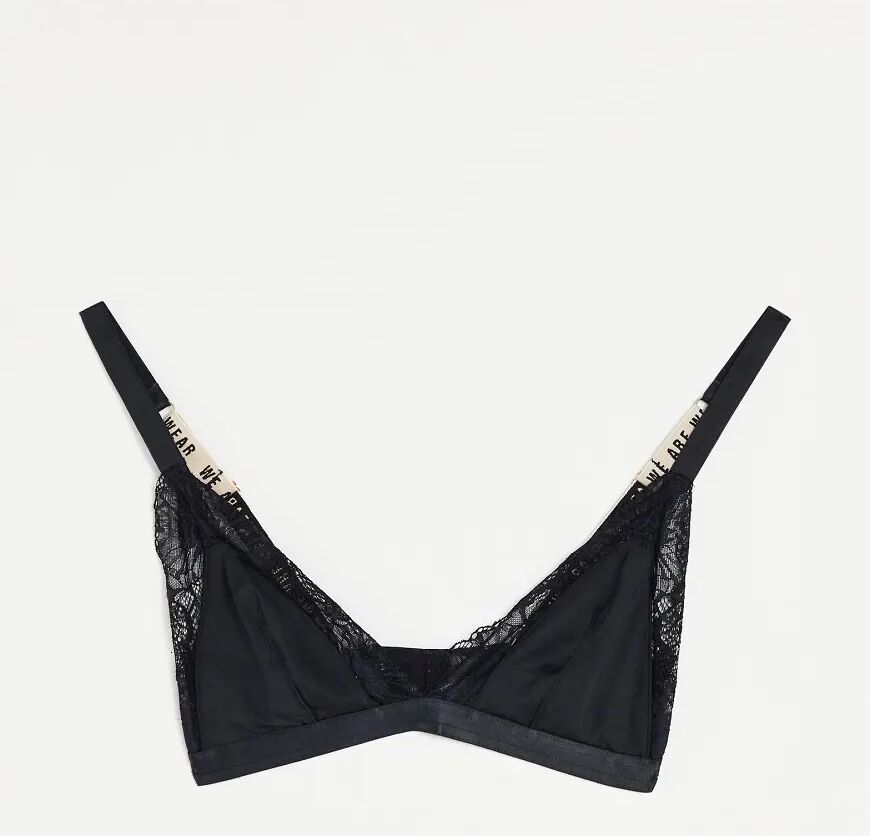 We Are We Wear Fuller Bust eco microfibre lace trim triangle bralette with logo detail in black  Black