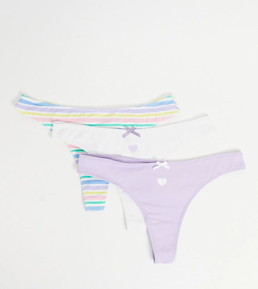 Wednesday's Girl 3 pack thongs in plain and stripe print-Multi  Multi
