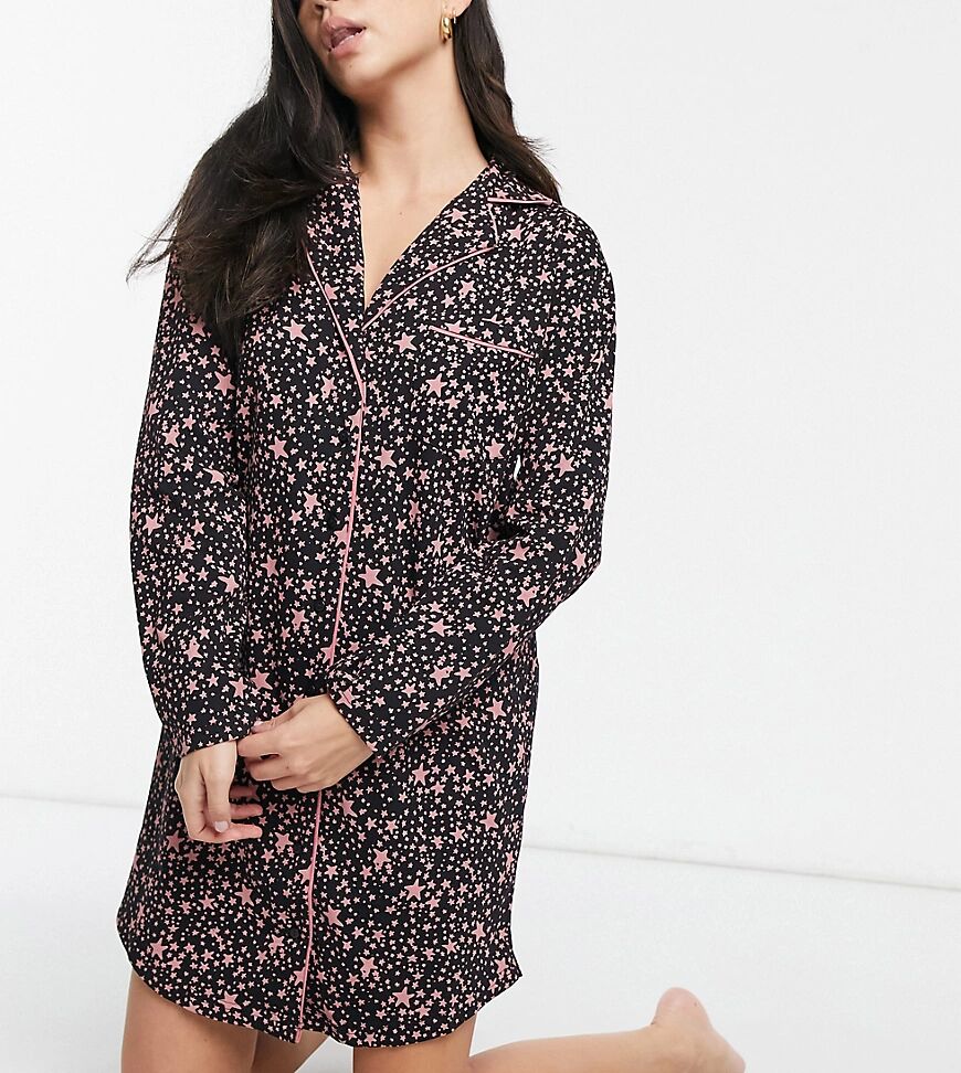 Wednesday's Girl button front pyjama night dress in pink star print-Multi  Multi