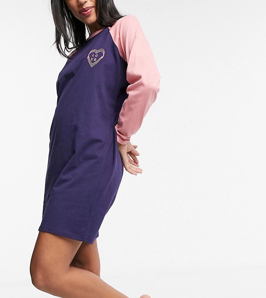 Wednesday's Girl long sleeve raglan t-shirt nightdress with embroidered heart-Blue  Blue