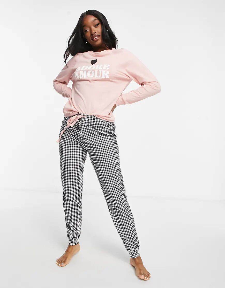 Women'secret Adore Amour slogan gingham pyjama set-Pink  Pink