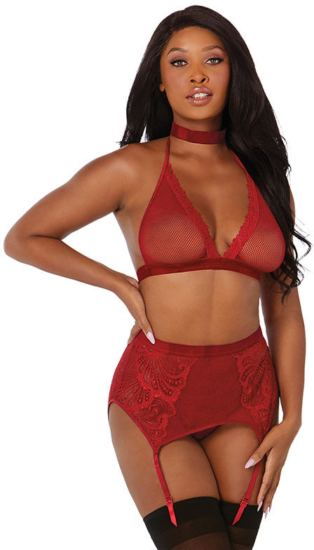 Dreamgirl Red Fishnet  Lace Set - Queen