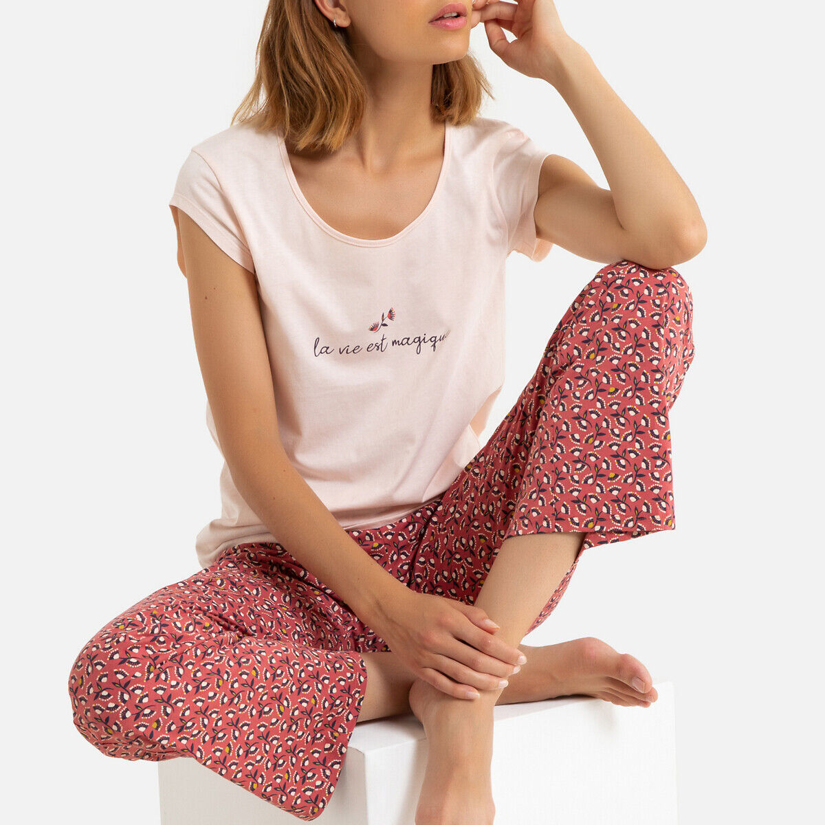 La Redoute Collections Pijama, T-shirt com mensagem, base estampada, em algodão bio   rosa-velho