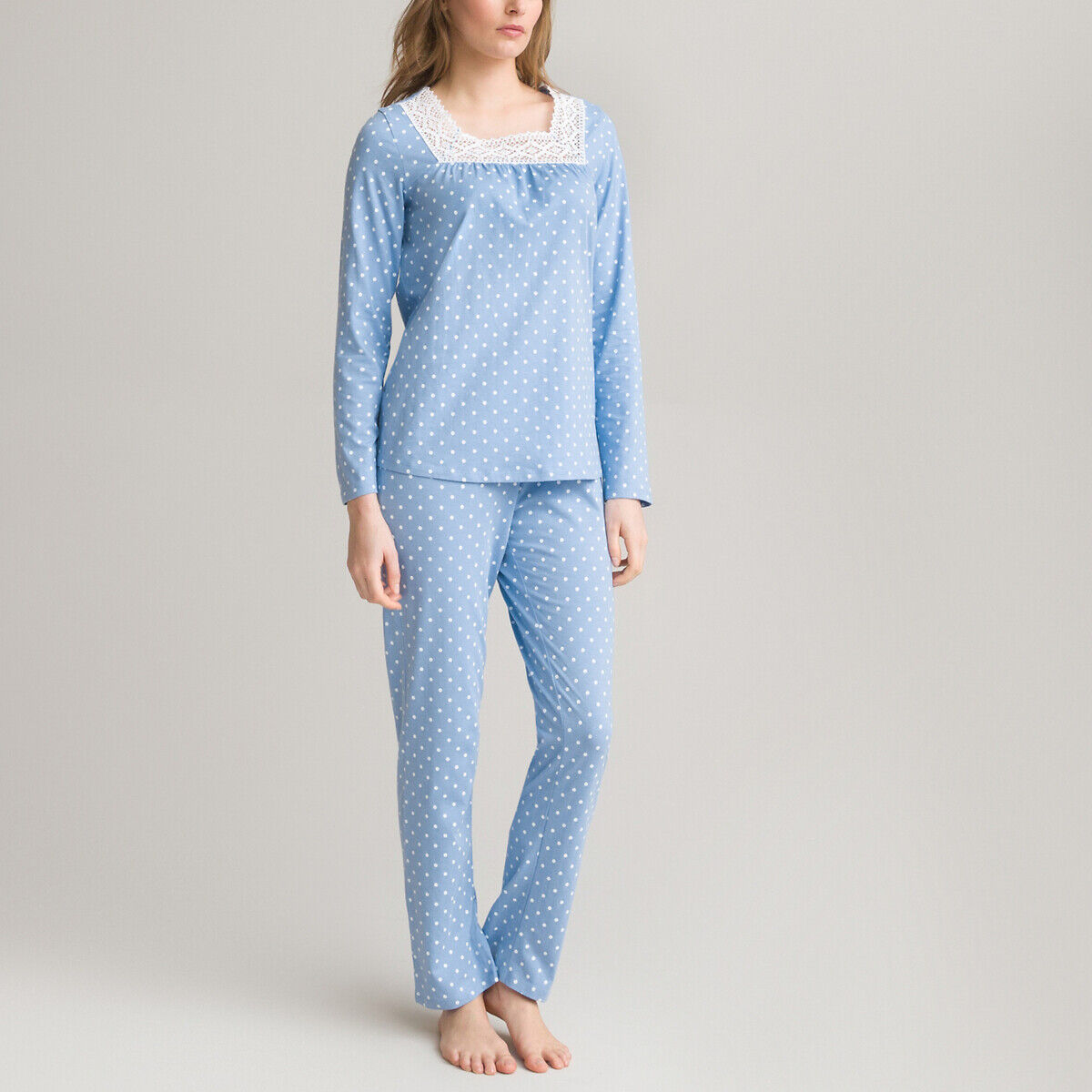 Anne Weyburn Pijama em jersey puro algodão, detalhes em macramé   estampado bolas