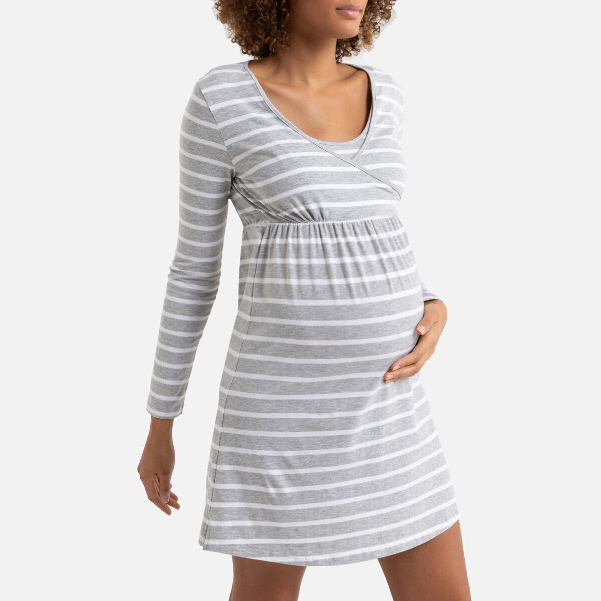 La Redoute Collections Camisa de dormir especial gravidez, em algodão biológico   Cinzento/Branco Às Riscas