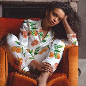 Averie Sleep ‘Paloma’ Orange Print Long Satin Pyjama Set In White