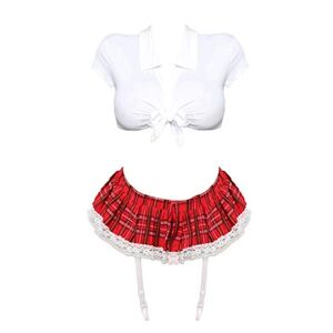 BOTCAM Sexy Women Student Costume Skirt Red Checked Garter Lingerie Lingerie with Opening Crotch (White, XL)