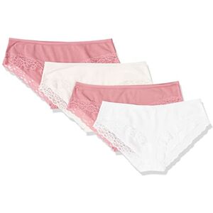 Amazon Essentials Women's Cotton and Lace Hipster Knickers, Pack of 4, Bright White/Mauve/Pale Pink, 12