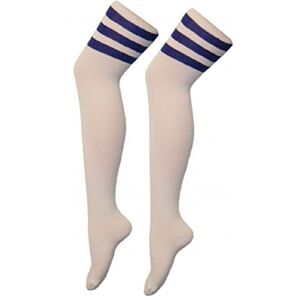 Womens Ladies Referee Stripe Over The Knee High Socks Cotton Sport Celebrity Inspired Fancy Dress (White/Blue)