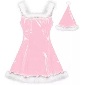 MINUSE 22 Colors Women Santa Claus Glossy Mini Dress Sleeveless PVC Dress Sexy Cosplay Costume Christmas Uniform With Hat,Light Pink,XL