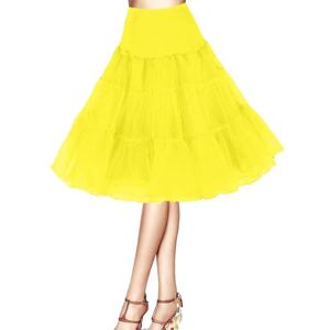 Petticoat 50s Tutu Crinoline Hoopless Underskirt Slips a line Retro Dress 1950s Vintage Petticoat Rockabilly Women Skirt Petticoat Retro Vintage Skirt Half Slips for Women(Yellow,18)