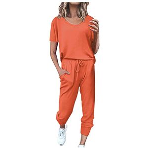 Generic Générique Women Color Leisure Short 2Pc Sweatpants Sets Suit Gleeve Pocket Home Women Suits & Sets Socks Man Brand, Orange, XL