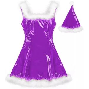 MINUSE 22 Colors Women Santa Claus Glossy Mini Dress Sleeveless PVC Dress Sexy Cosplay Costume Christmas Uniform With Hat,Rose Purple,4XL