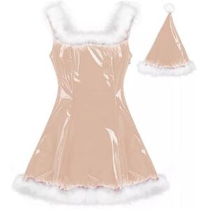 MINUSE 22 Colors Women Santa Claus Glossy Mini Dress Sleeveless PVC Dress Sexy Cosplay Costume Christmas Uniform With Hat,Rose Gold,5XL