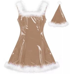 MINUSE 22 Colors Women Santa Claus Glossy Mini Dress Sleeveless PVC Dress Sexy Cosplay Costume Christmas Uniform With Hat,Light Brown,5XL