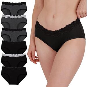 INNERSY Ladies Underwear Lace Trim Elegant Knickers Cotton Full Briefs Pack of 6 (10, Black/Grey)