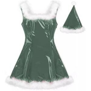 MINUSE 22 Colors Women Santa Claus Glossy Mini Dress Sleeveless PVC Dress Sexy Cosplay Costume Christmas Uniform With Hat,Dark Green,XL