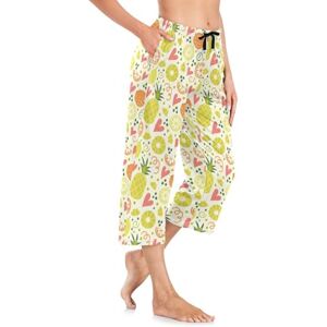 Fustylead Retro Style Citrus Orange Lemon Pineapple Hearts Women Capri Pajama Sleepwear Casual Pants XL