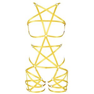 BANSSGOTH Female Body Harness Garter Punk Gothic Pentagram Caged Bra Plus Size Garter Set (Orange yellow)