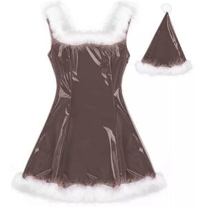 MINUSE 22 Colors Women Santa Claus Glossy Mini Dress Sleeveless PVC Dress Sexy Cosplay Costume Christmas Uniform With Hat,Dark Brown,5XL