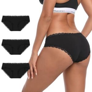 INNERSY Black Lace Trim Knickers for Women Cotton Ladies Underwear Low Waisted Briefs Pack of 3 (12, 3 Black)