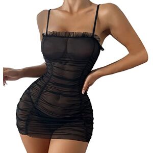 Loisewe (Clearance Sale) DABAOK Bride Lingerie Women Ruched Frill Trim Sheer Mesh Dress Slips with Thong Pants Mini Casual Tops Dress See Through Black