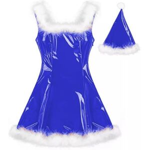 MINUSE 22 Colors Women Santa Claus Glossy Mini Dress Sleeveless PVC Dress Sexy Cosplay Costume Christmas Uniform With Hat,Blue,L