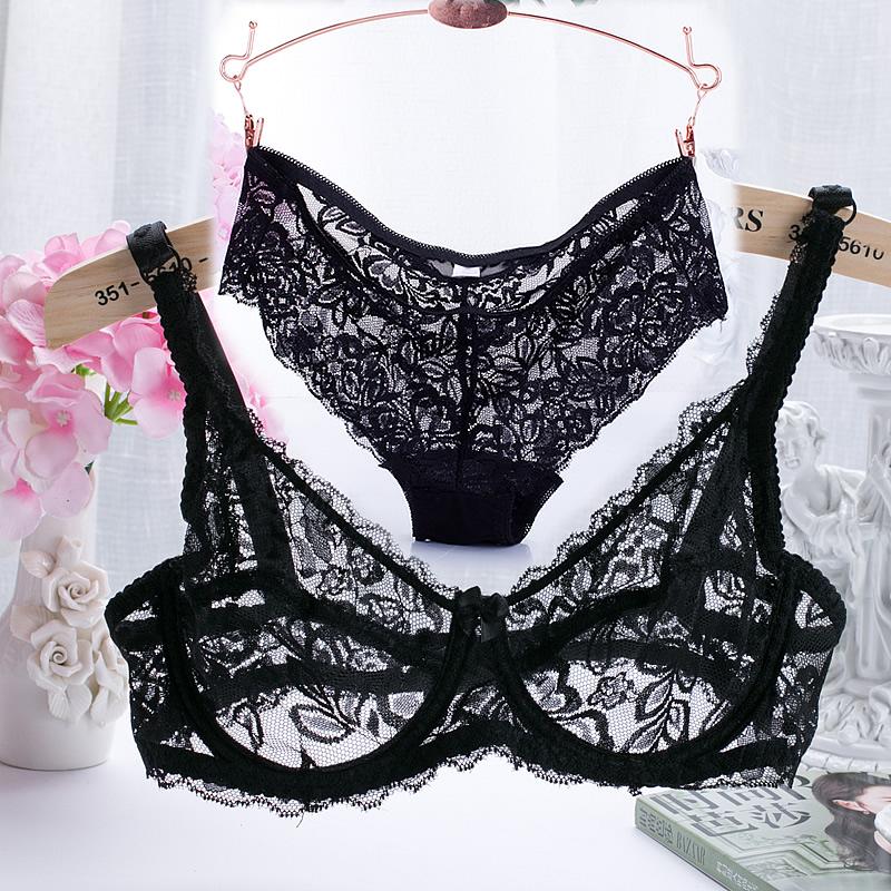 AyoM 2Pcs/1Sets Women‘s Ultra Thin Lace Lingerie Set Sexy See-through Lace Underwear Underwire Push Up Bra and Low Waist Thong Comfortable Lingerie Set