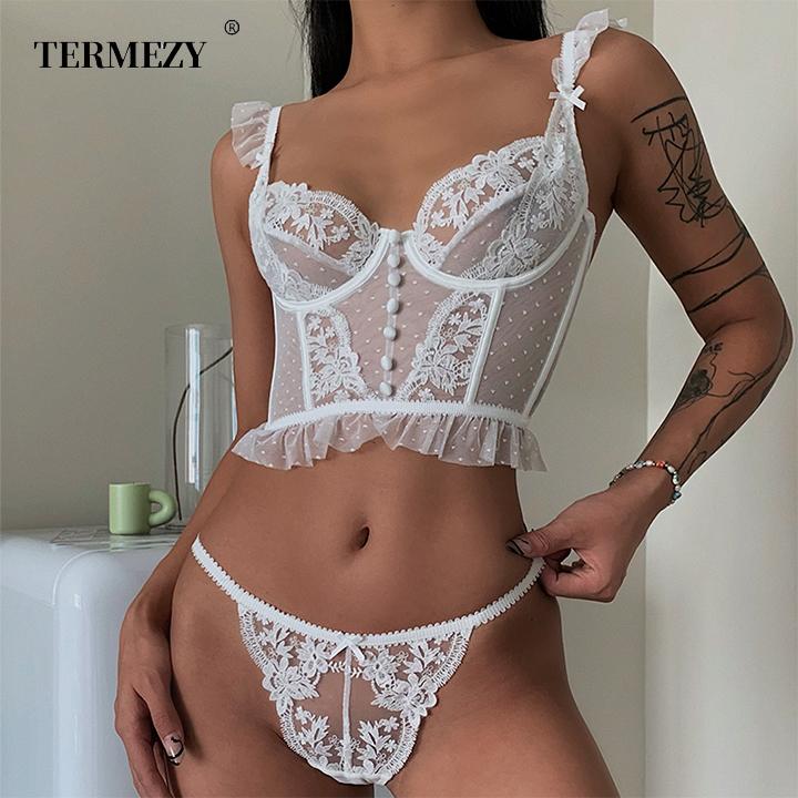 TERMEZY Sexy Women's Underwear Set Vintage Lingerie Wedding Brassiere White Thin Underwear Lace Bra Panty Suit