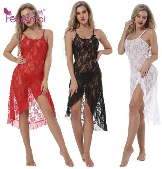 Feeet Moi Lace Lingerie Sexy Hot Erotic Backless See Babydoll Sleepwear Through Rose Lace Dress G-String Underwear Sleepwear