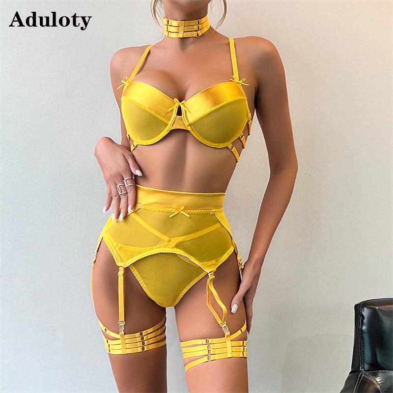 Aduloty Women Sexy Lingerie Elastic Mesh Perspective Erotic Underwear with Satin Panel Thin Underwire Bra Five Piece Set