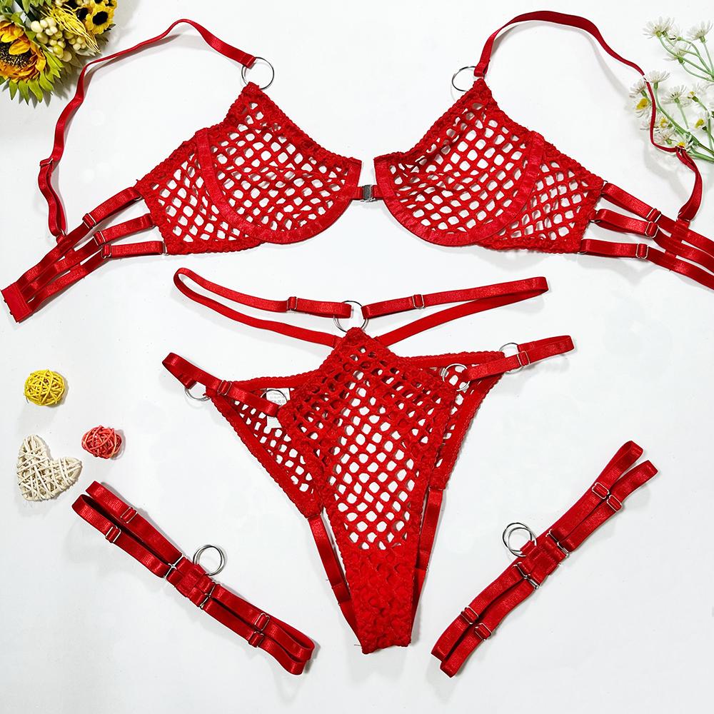 Aduloty Women's Sexy Lingerie Mesh Hollow Out Perspective Underwear Set Underwire Gather Bra Leg Ring Three Piece Suit