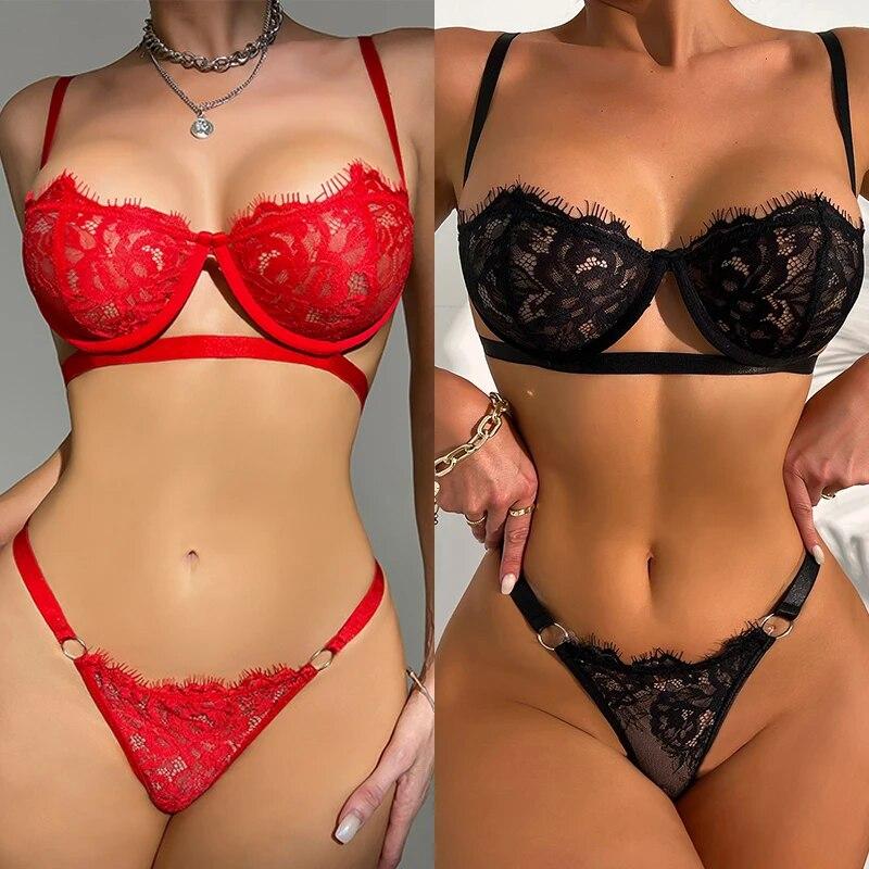 Sweet Night Lace Transparent Lingerie For Women Bra Set Floral Exotic Sheer Half Cup Bra Panty Lingerie Set Fashion Sexy Women's Underwear