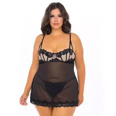 Oh La La Cheri Plus Size Oh La La Cheri Julie Mesh Chemise & G-String Panty Set 72-11595X, Women's, Size: 1XL, Black